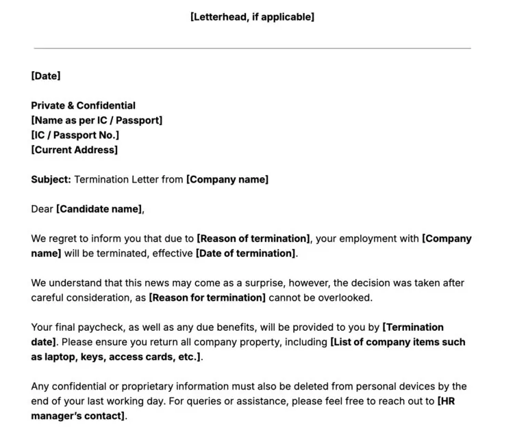 termination letter template snippet